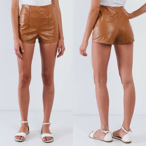 Sublime Vegan Leather High Waist Camel Mini Shorts - Picture 8 of 8